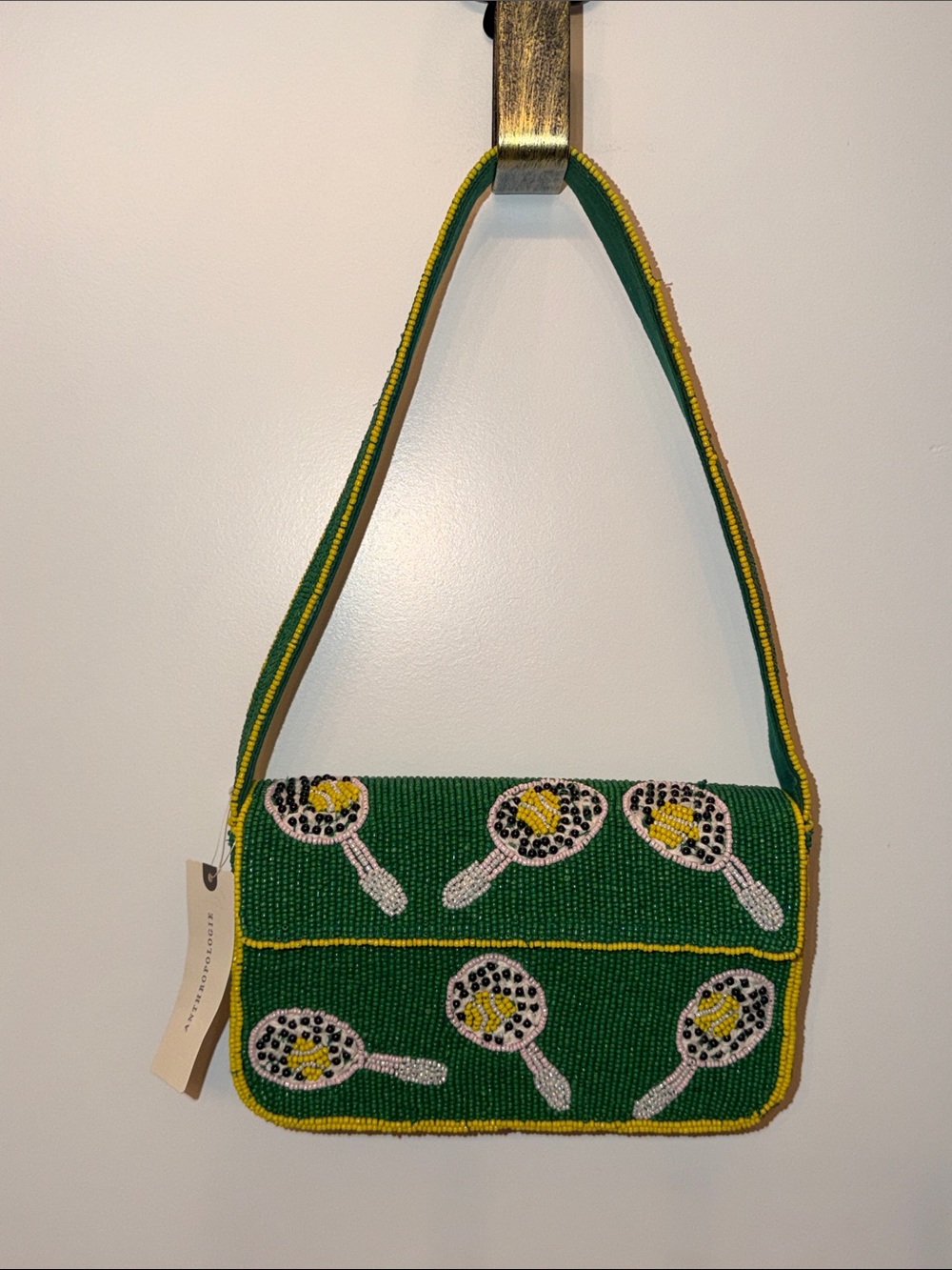 Anthropologie Green Beaded Shoulder Bag with Yellow & White Tennis 🎾 Theme